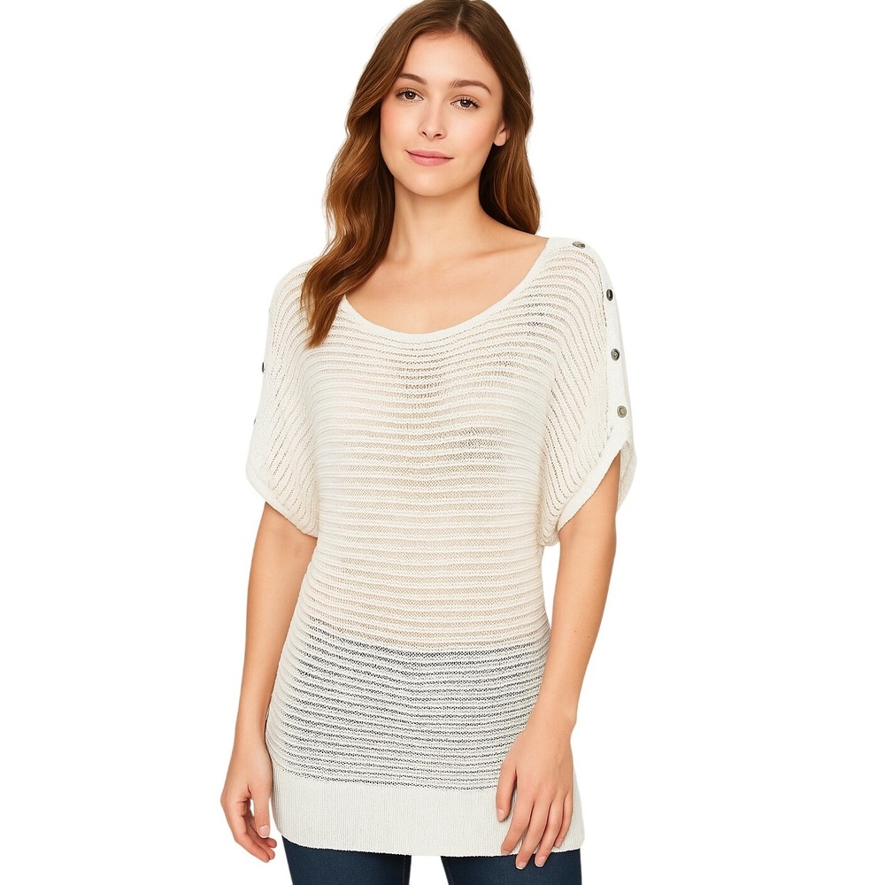 WHBM‎ Tunic Small Top White Mini Scoop Neck Silver Buttons Batwing See Through